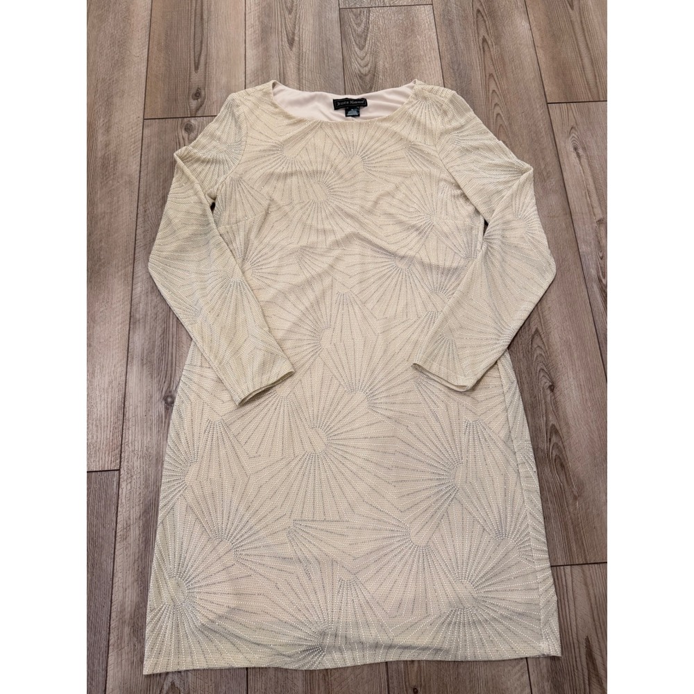 Jessica Howard Beige Silver Metallic Starburst Shift Dress Long Sleeve Size 14